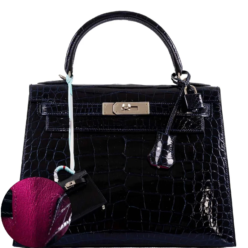 Hermès Hermès Verso Kelly 28 Sellier Shiny Bleu Marine Nilo Crocodile and Rose Scheherazade Palladium Hardware