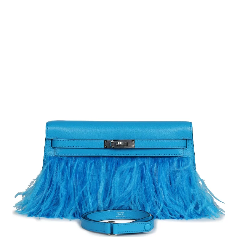 Hermes Kelly Elan Foile Bleu Frida Chevre Chamkila and Ostrich Feathers Palladium Hardware