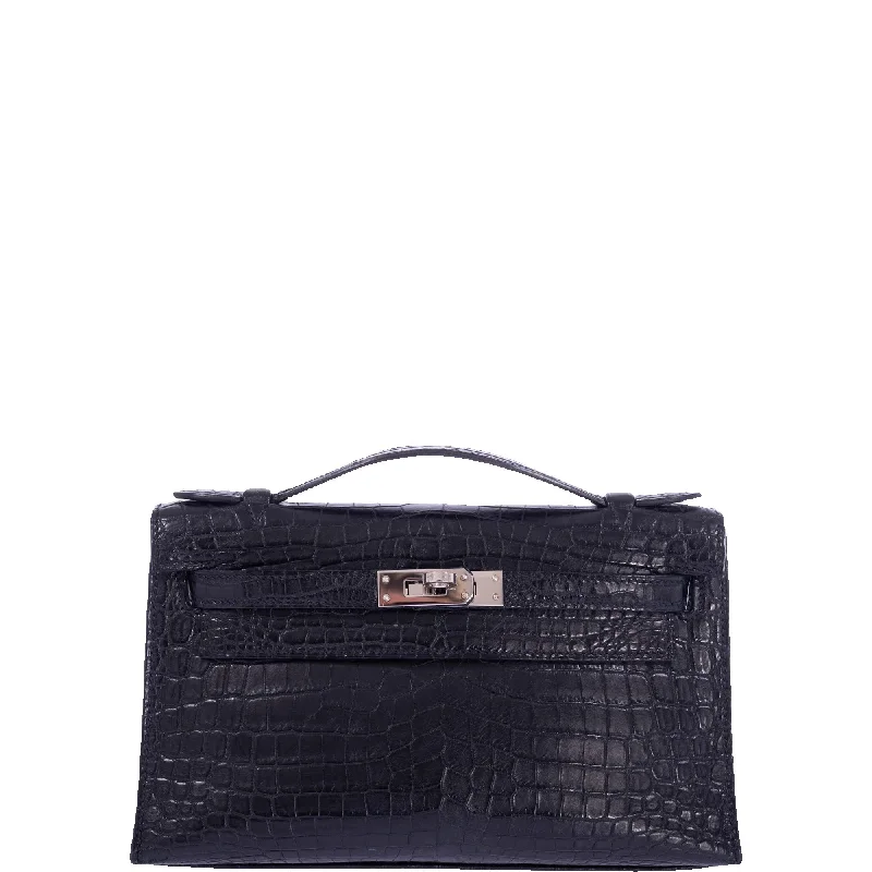 Hermès Kelly Pochette Black Matte Nilo Crocodile Palladium Hardware