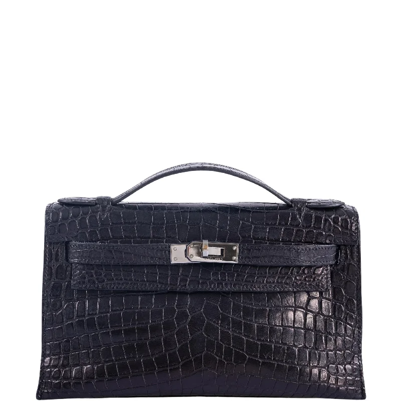 Hermès Kelly Pochette Black Matte Nilo Crocodile Palladium Hardware