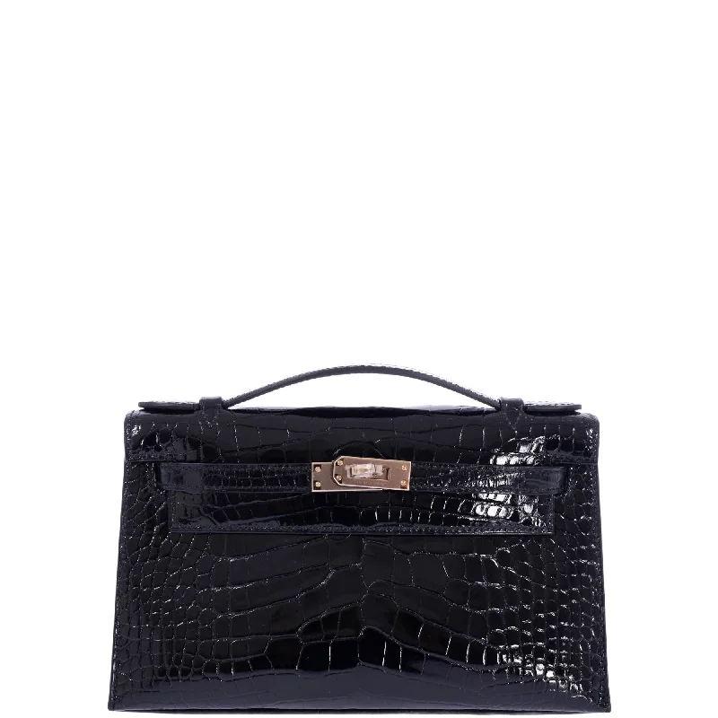 Hermès Kelly Pochette HSS Black Shiny Alligator and Lime Interior Champagne Hardware