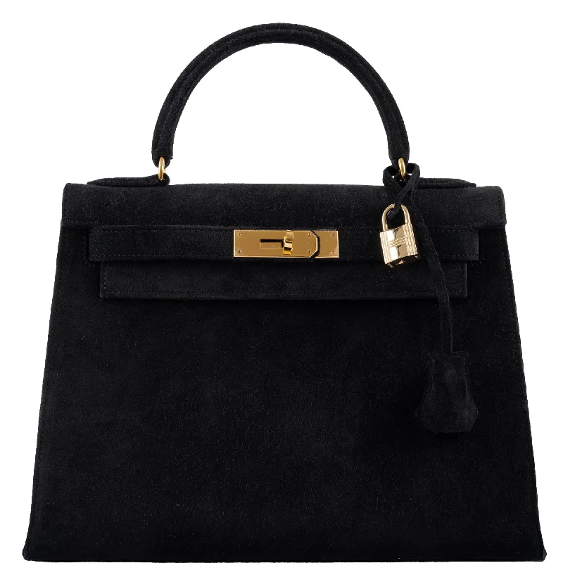 Hermès Kelly 28 Sellier Black Doblis Suede Gold Hardware