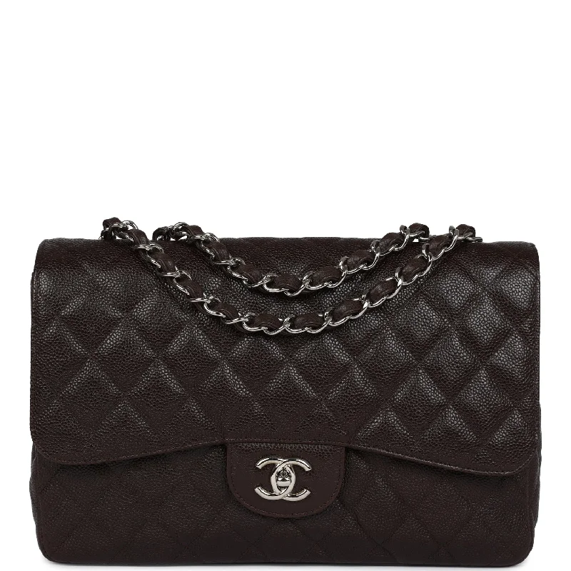 Pre-owned Chanel Jumbo Classic Single Flap Dark Brown Caviar Silver Hardware