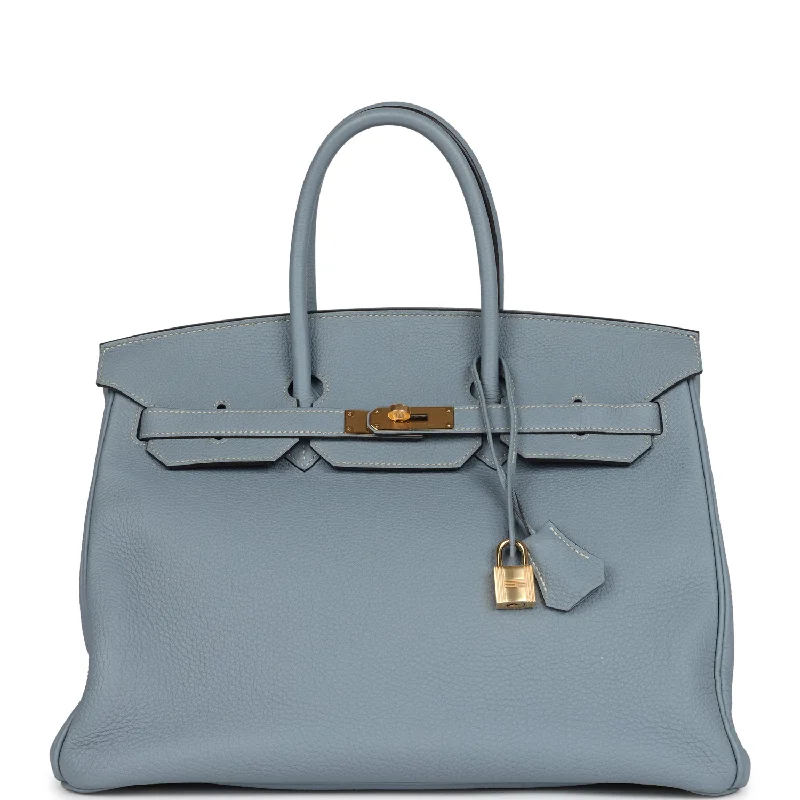 Pre-owned Hermes Birkin 35 Bleu Lin Togo Gold Hardware