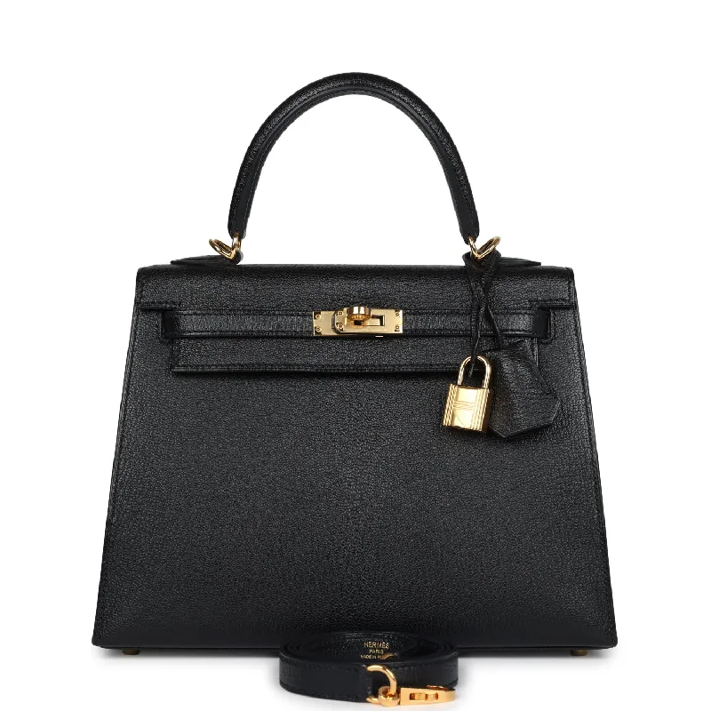 Pre-owned Hermes Kelly Sellier 25 Black Chevre Mysore Gold Hardware