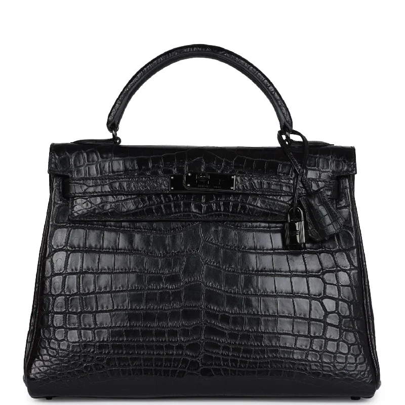 Pre-owned Hermes Kelly Retourne 32 SO Black Matte Niloticus Crocodile Black Hardware