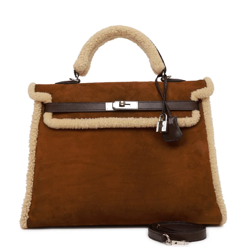 Pre-owned Hermes Teddy Kelly 35 Shearling and Ebene Barenia Palladium Hardware