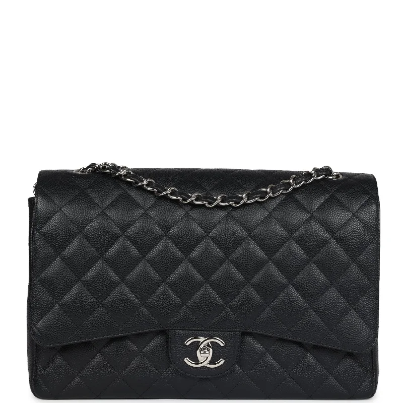 Pre-owned Chanel Maxi Classic Double Flap Bag Black Caviar Silver Hardware