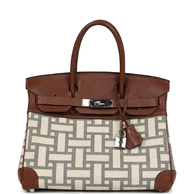 Pre-owned Hermes Birkin 30 Marron D'Inde Buffalo and Mosaique Canvas Palladium Hardware