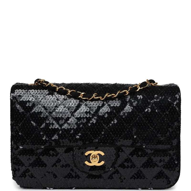 Vintage Chanel Small Flap Bag Black Sequin Gold Hardware