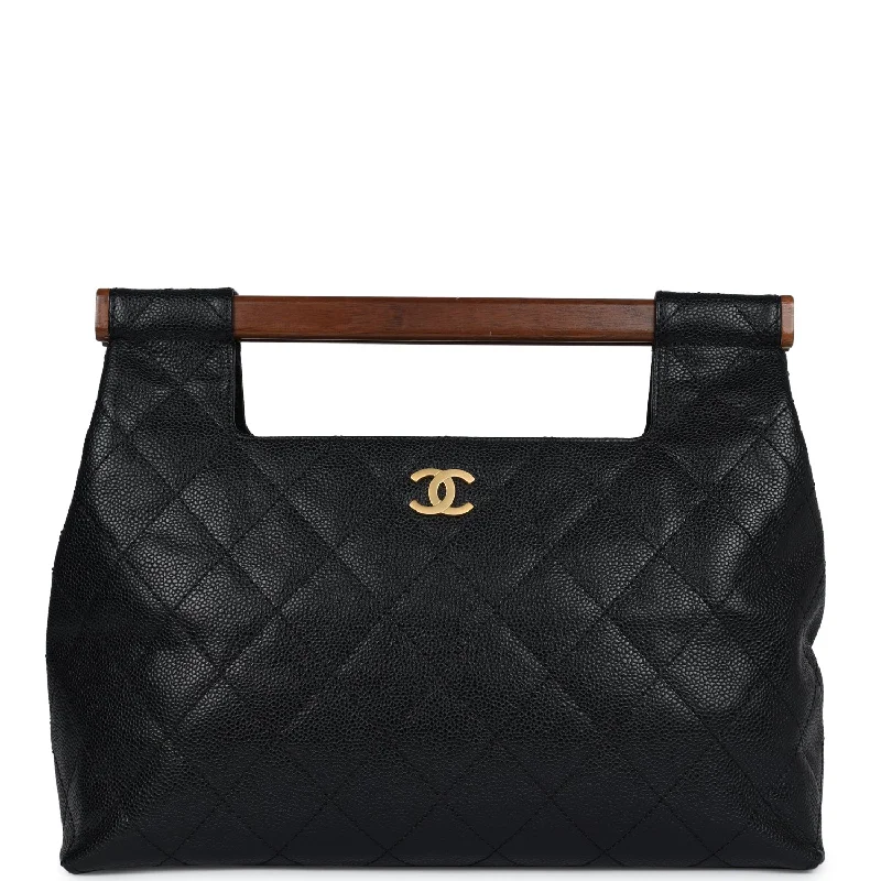 Vintage Chanel Wood Top Handle Bag Black Caviar Gold Hardware